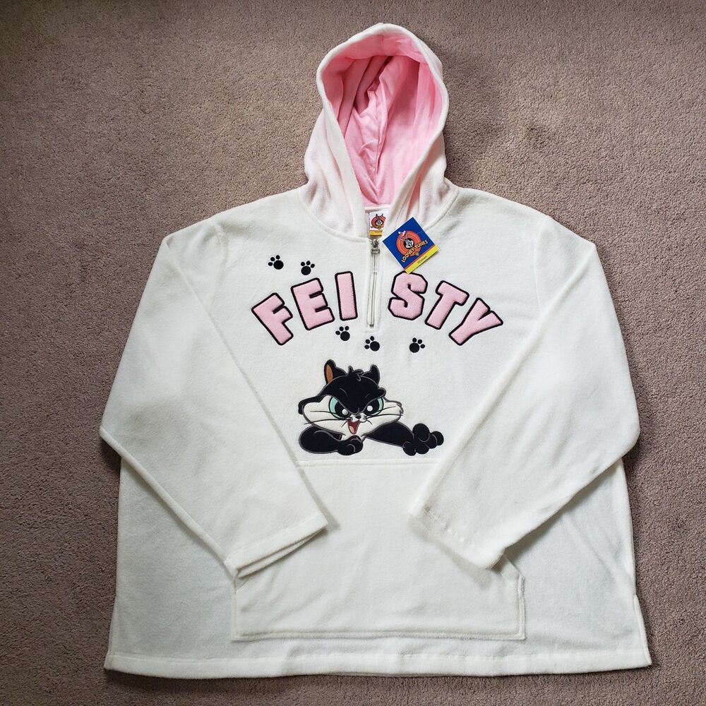Vtg 2008 Looney Tunes Feisty Penelope Pussycat Fleece Hoodie Off White Size 4X